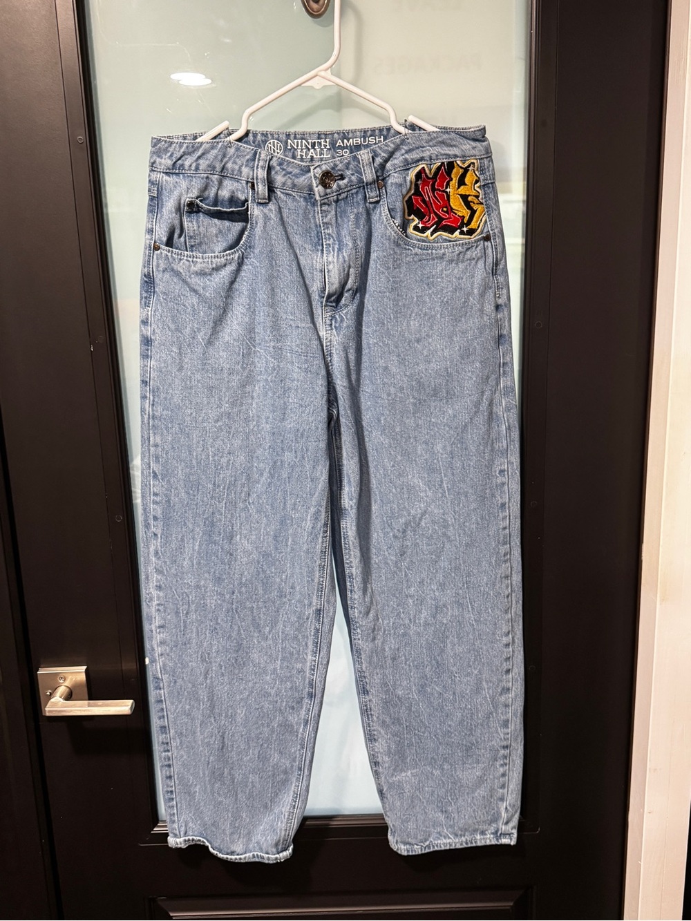 Ninth Ambush Light Blue Relaxed Jeans with Flame Patch
